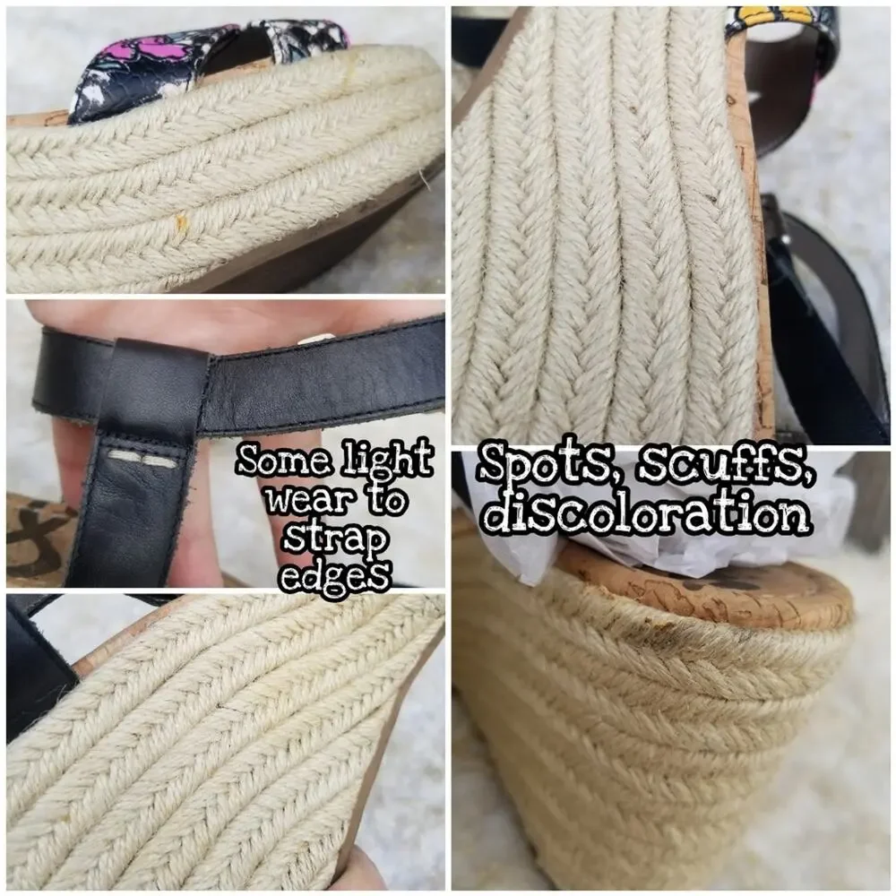 Platform Wedge Espadrille Sandals Sam Edelman Destin Size 10 Black Leather Strap